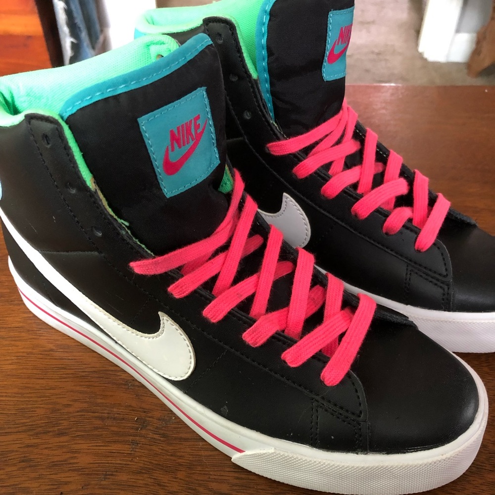 Nike Black High-Top Sneakers with Pink Laces and Teal Accents